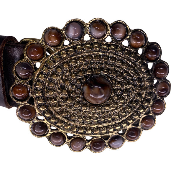 Dark Brown Genuine Leather Beaded Medallion Buckle Leather‎ Belt - Picture 5 of 9